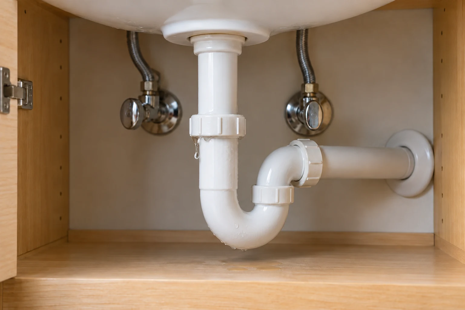 AI-generated illustration of a drip from an under-sink drain connection.