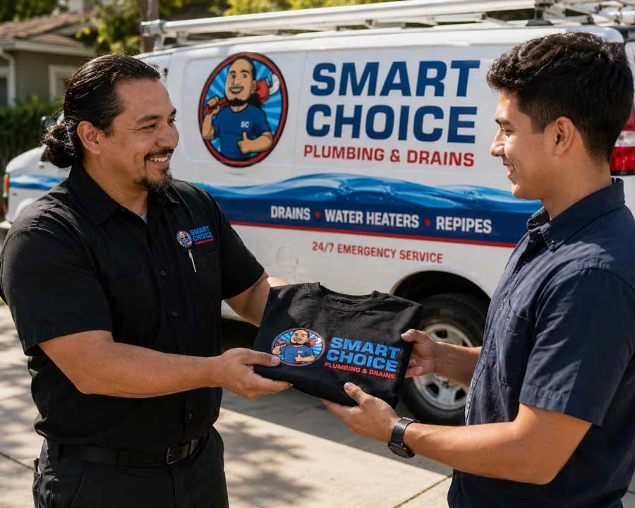 Smart Choice Plumbing & Drains team members in front of a branded service van.