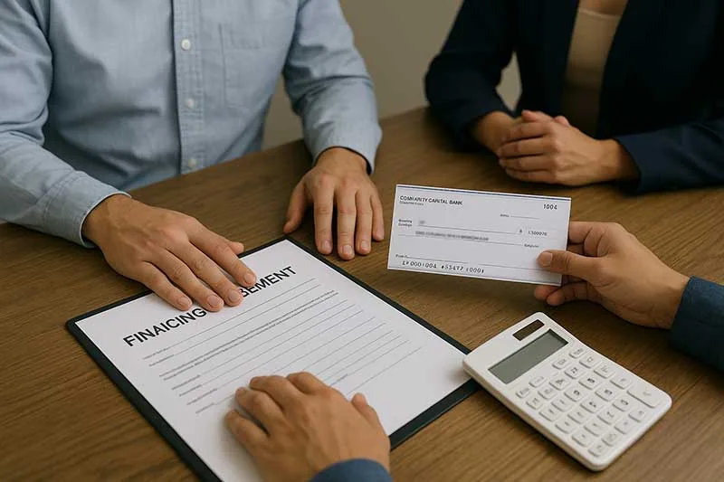 Three people reviewing a plumbing financing agreement with a check and calculator on the table, Smart Choice Plumbing financing.