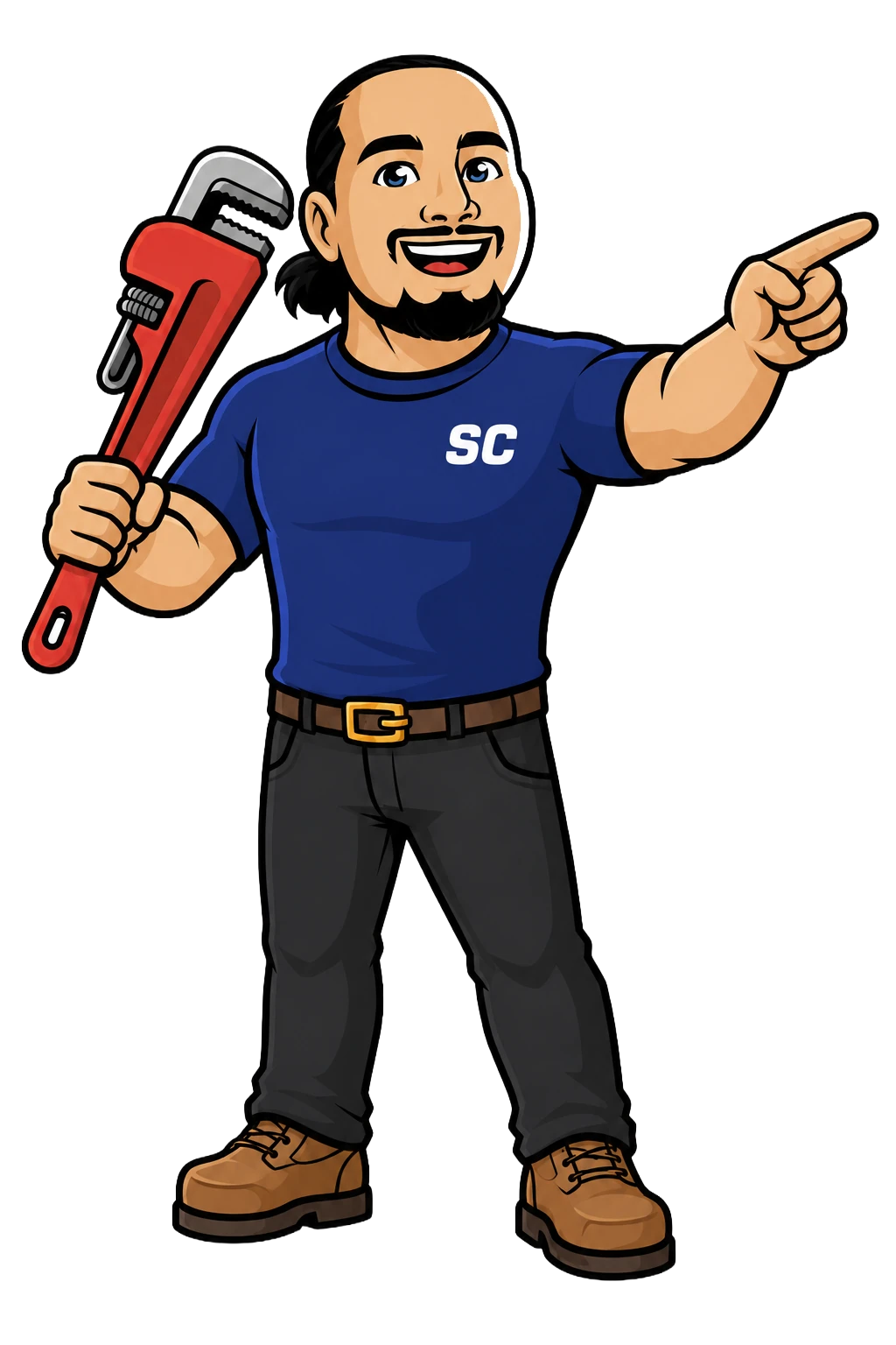 Jose, the Smart Choice Plumbing mascot, pointing to this month's free camera inspection special offer in Ventura and Santa Barbara County