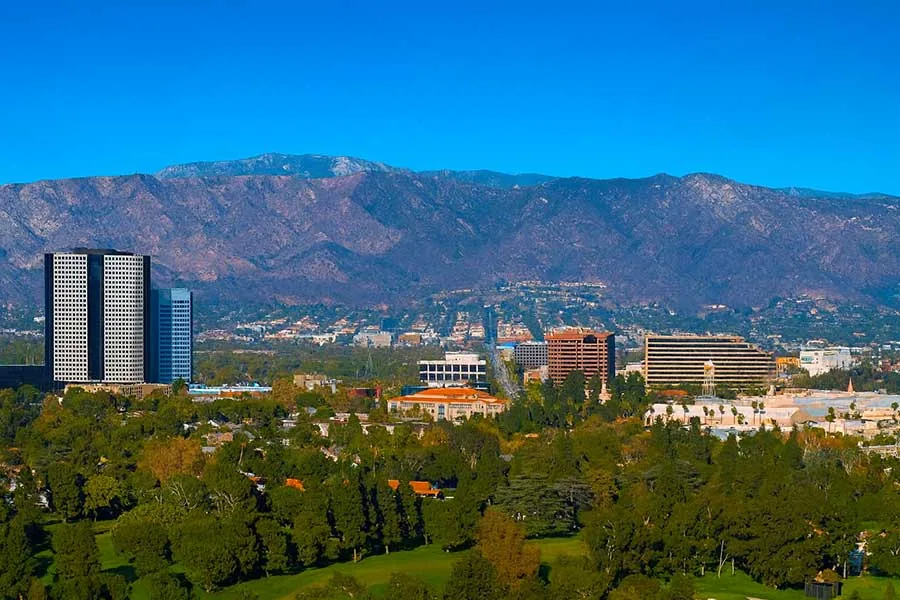 Aerial view of Westlake Village CA with Westlake Lake and surrounding neighborhoods, home to your trusted plumber in Westlake Village