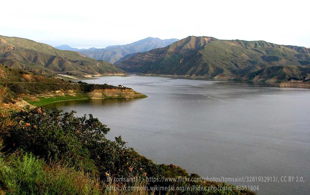 Lake Piru in Piru, CA with surrounding green hills, scenic view near trusted plumber in Piru