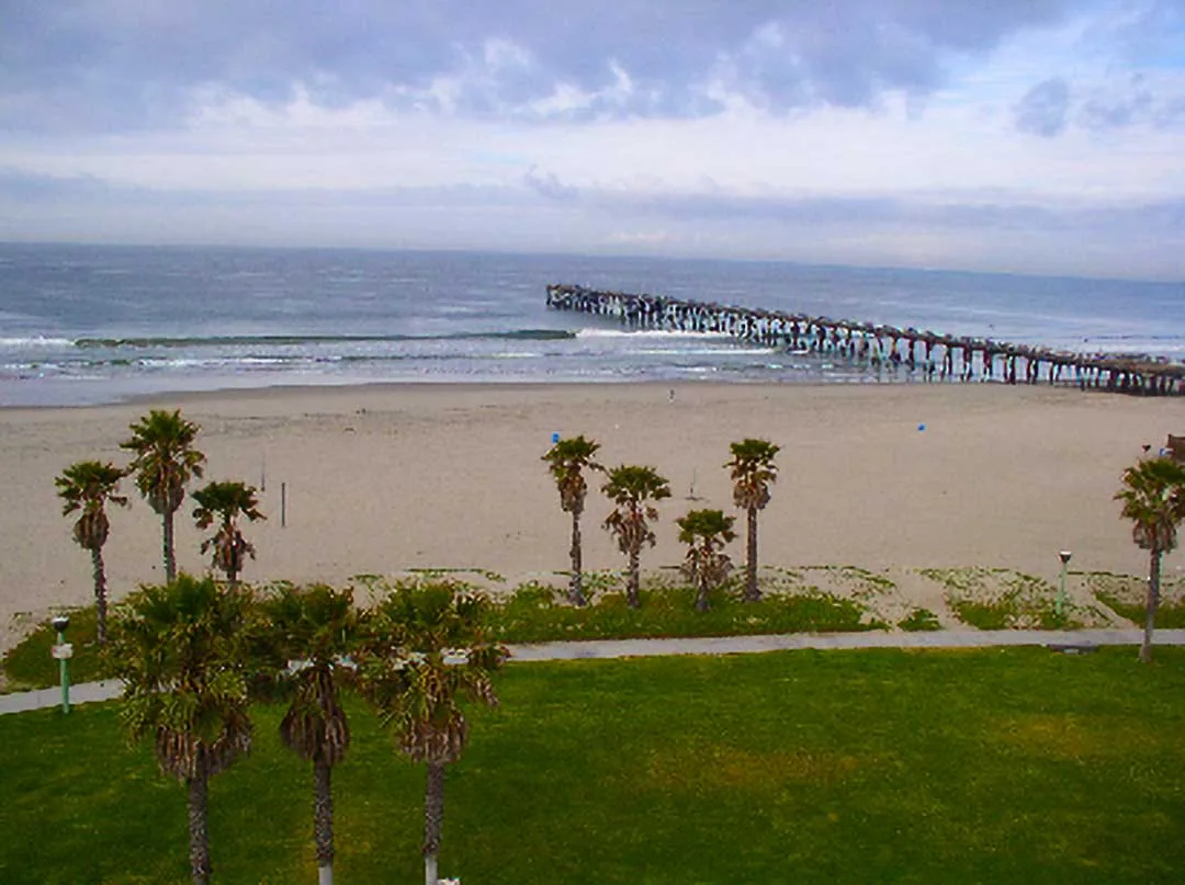 View of Port Hueneme Beach with palm trees, sandy shoreline, and the historic fishing pier, service area for a Port Hueneme, CA plumber.