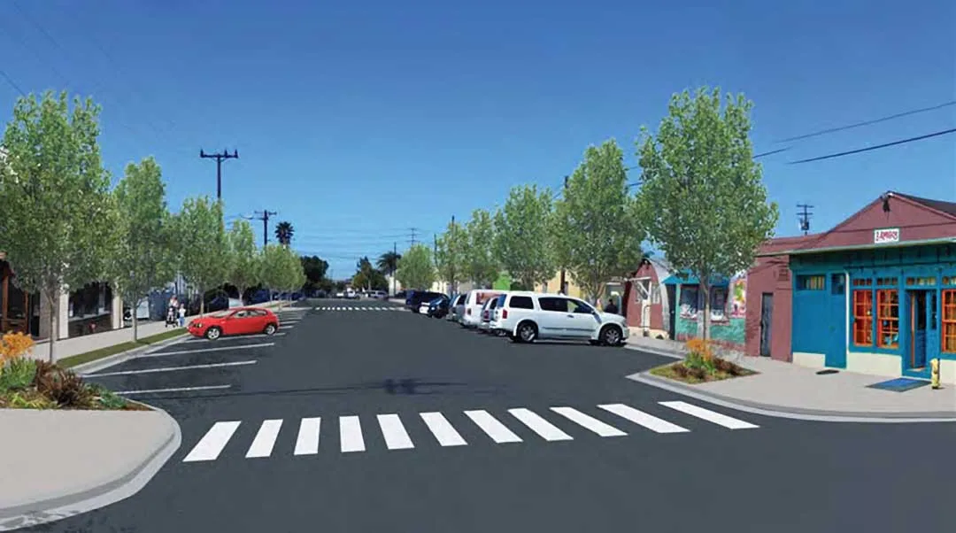 Downtown Saticoy, CA street view with parked cars, shops, and trees, service area for plumber in Saticoy
