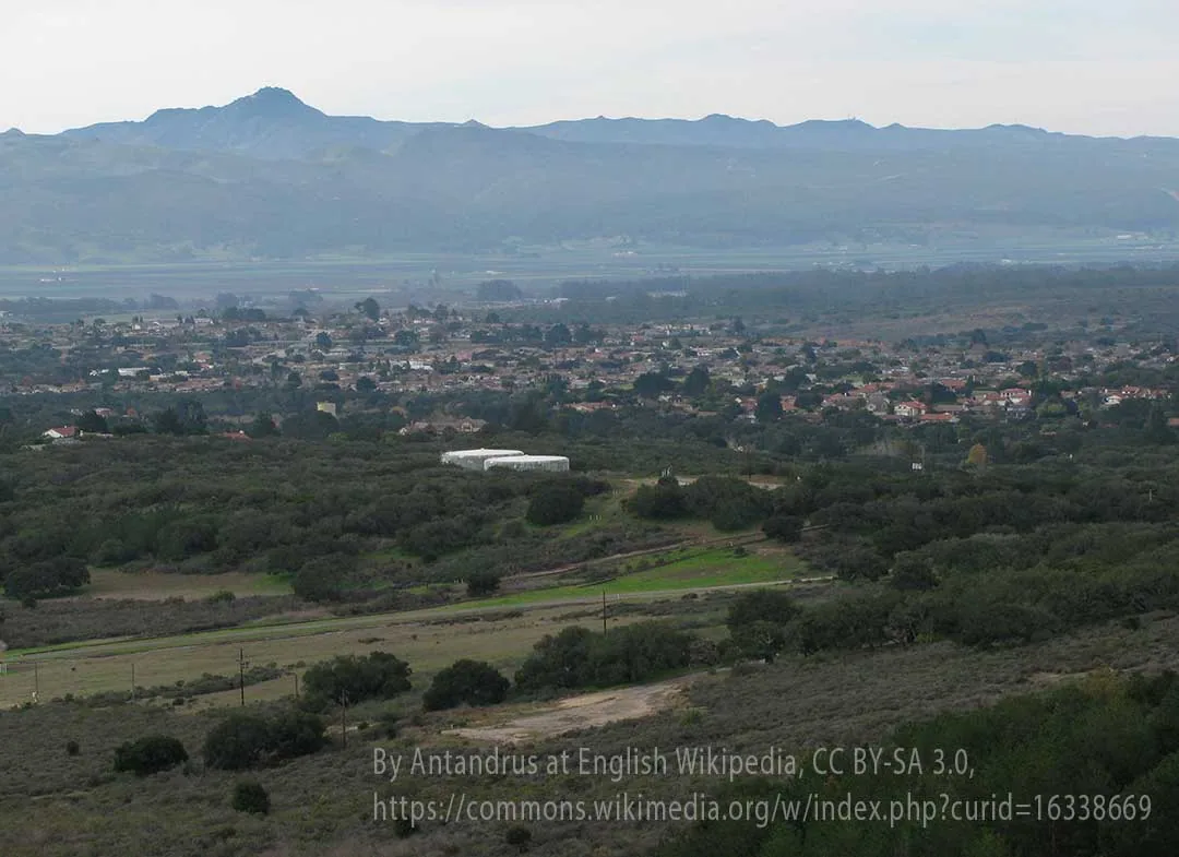Aerial view of Vandenberg Village with homes, oaks, and hills; service area for Plumber in Vandenberg Village.